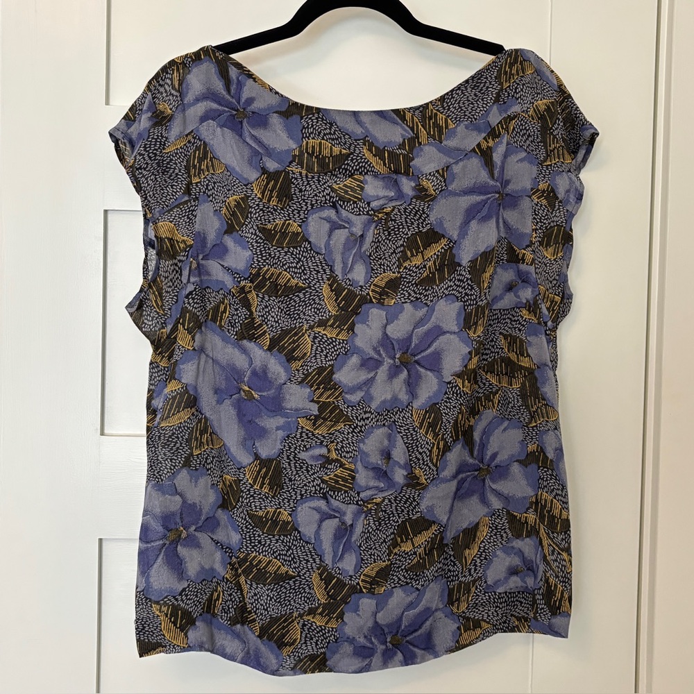 Odille Top - lightweight, tie back detail, purple yellow black floral